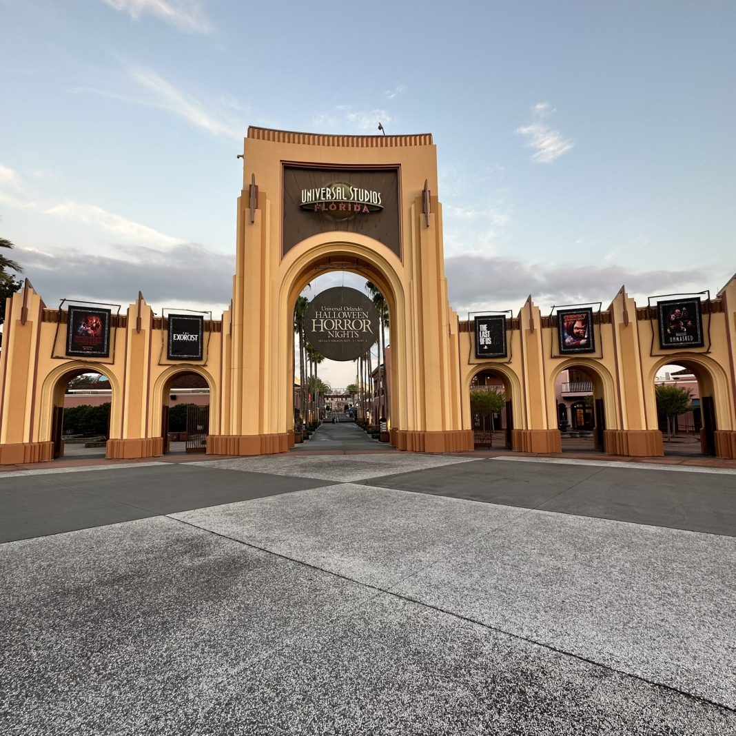 Universal Studios Florida archway decorated for Halloween Horror Nights